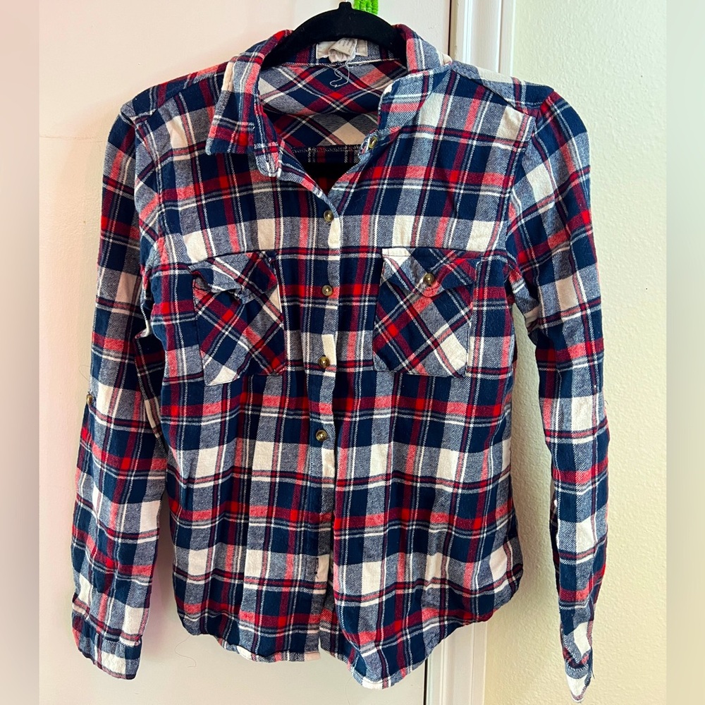 Blue, red and white plaid long sleeve